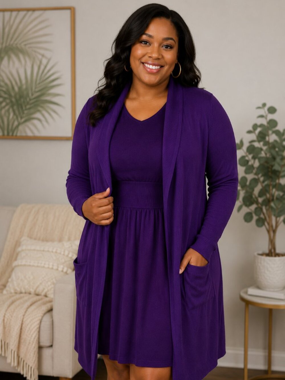 Reserve Fairfax Large Purple Women Sweater with Hoodie Front Long Sleeve